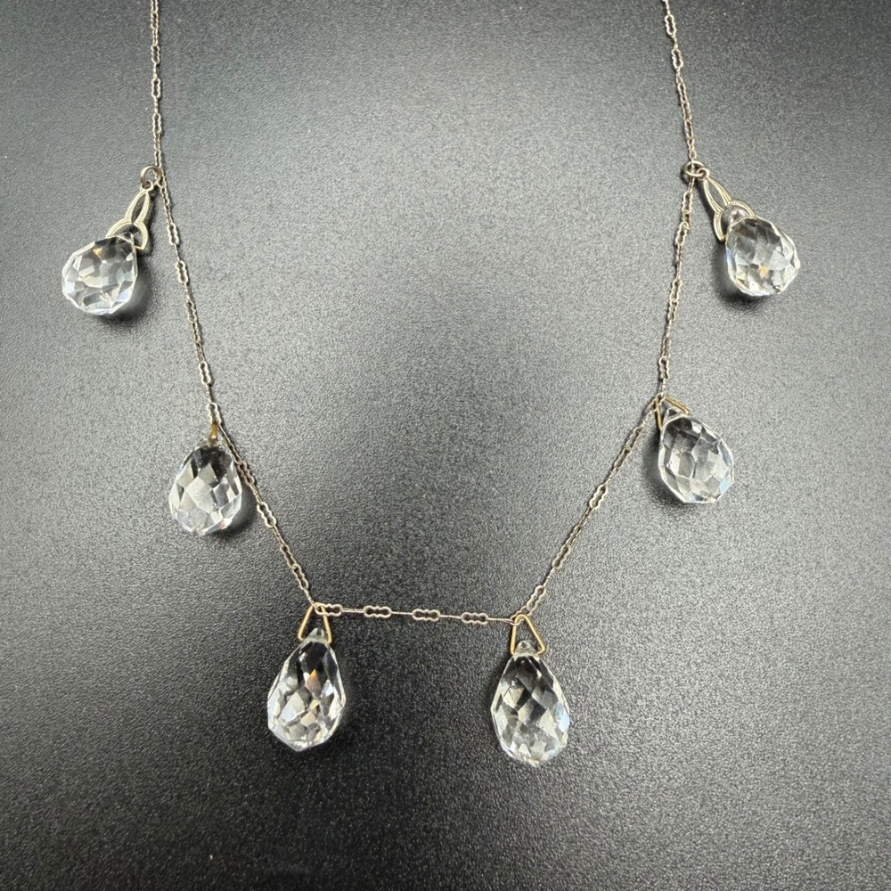 Vintage Art Deco Necklace Clear Crystal Glass Briolette Peanut Chain 16in